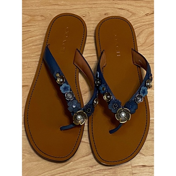 Coach Shoes - Coach G1212 Navy Blue Floral Applique Leather Flip Flop Sandals Womens 10B